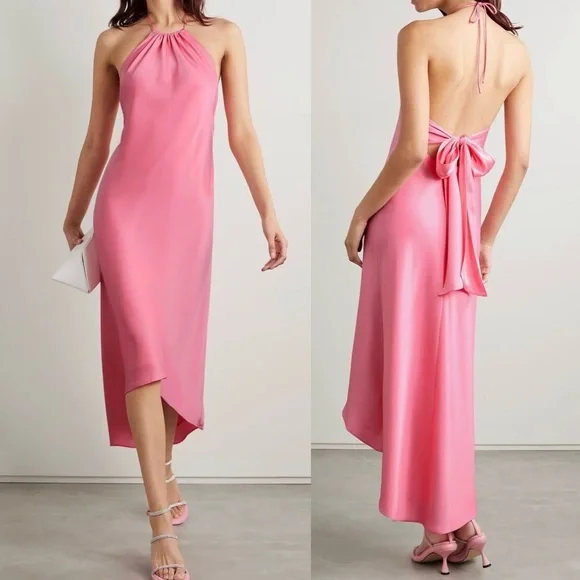 Alice + Olivia Pink Halter Dress Pink Satin High Low Slip Dress - Size 2 NWT